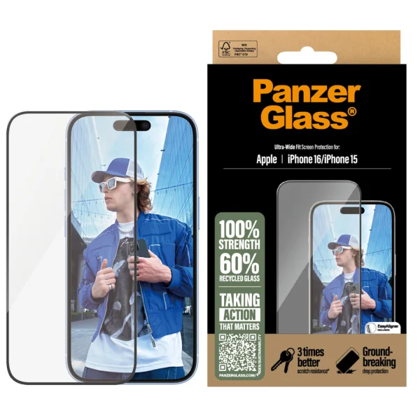 PanzerGlass Tempered Glass Protector for iPhone 15 / iPhone 16, Ultra-Wide Fit 1