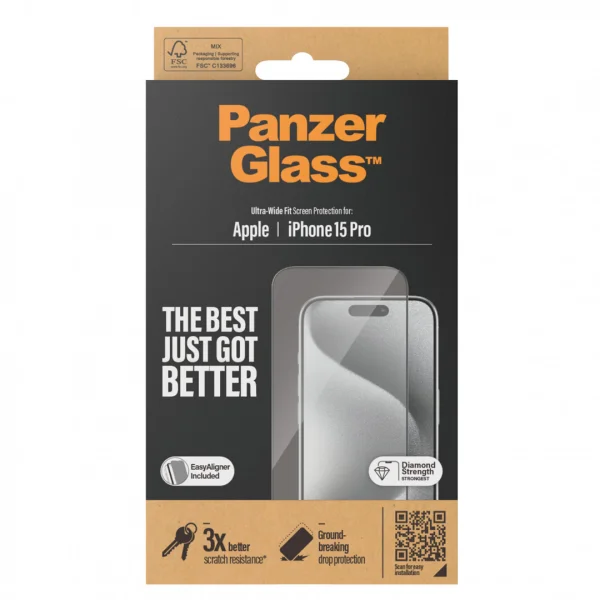 Стъклен Протектор PanzerGlass за iPhone 15 Pro, Ultra-Wide Fit 3
