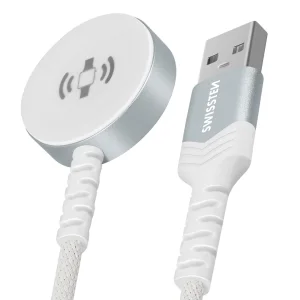 Безжично магнитно зарядно SWISSTEN за Apple Watch, Metal, USB-A, 1.2m, Бял