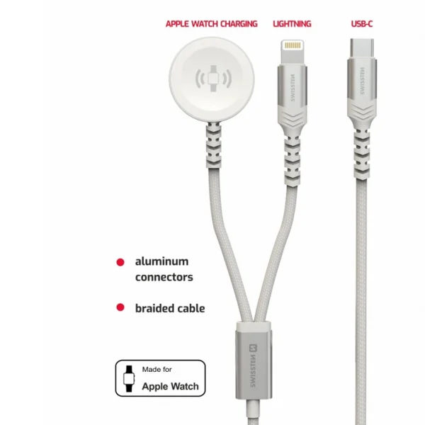Безжично магнитно зарядно SWISSTEN 2в1 за Apple Watch And Lightning, USB-C, 1.2m, Бял 2