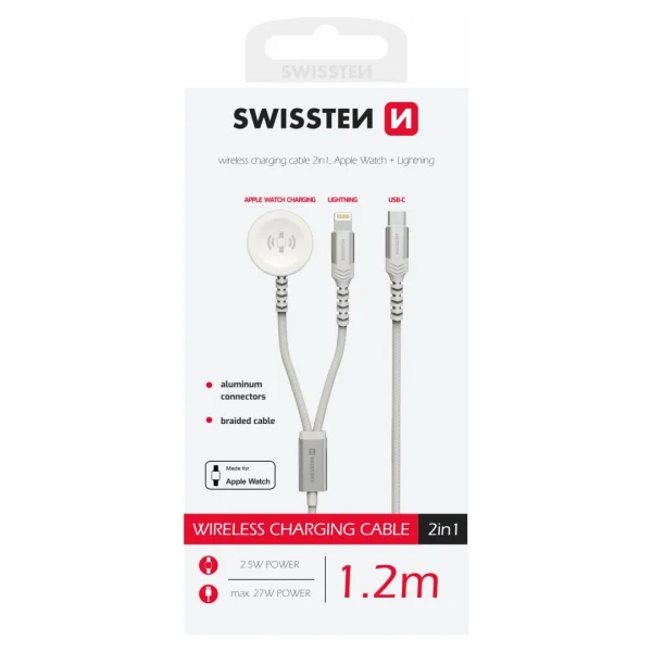 Безжично магнитно зарядно SWISSTEN 2в1 за Apple Watch And Lightning, USB-C, 1.2m, Бял 3