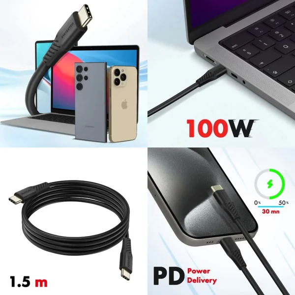 Кабел SWISSTEN USB-C към USB-C, Power Delivery, 5A, 100W,1.5m, Черен 5