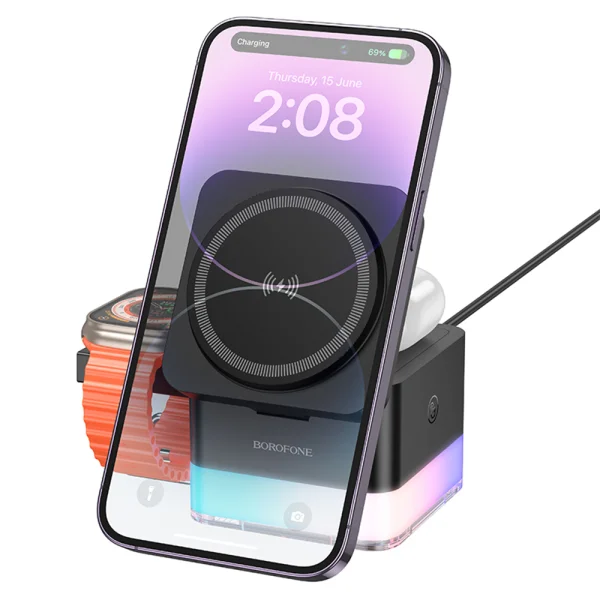 Безжично зарядно Borofone Wireless BQ34 Square 3 in 1, 15W, Черен 2