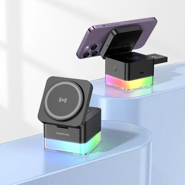Безжично зарядно Borofone Wireless BQ34 Square 3 in 1, 15W, Черен 5
