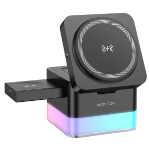 Безжично зарядно Borofone Wireless BQ34 Square 3 in 1, 15W, Черен