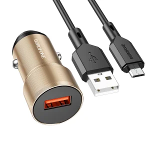Зарядно за кола 12V, BOROFONE BZ19A Wisdom USB-QC 3.0 18W, кабел USB към Micro USB, Златист