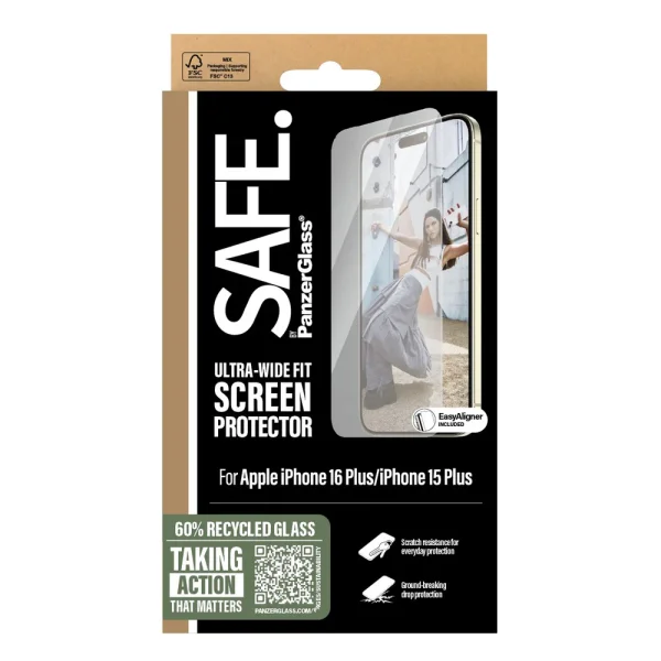 Glass Screen Protector SAFE for iPhone 15 Plus / 16 Plus Ultra-Wide Fit 3