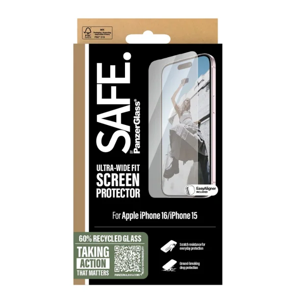 Glass Protector SAFE for iPhone 15 / 16 Ultra-Wide Fit 3