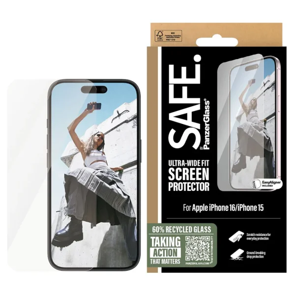 Glass Protector SAFE for iPhone 15 / 16 Ultra-Wide Fit 1