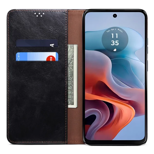 Waxy Leather Wallet Case for Motorola Edge 50 Neo 5G, Black 2