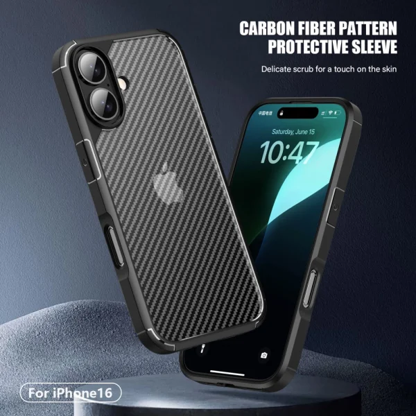 Удароустойчив калъф Shockproof Carbon заiPhone 16, Черен 2