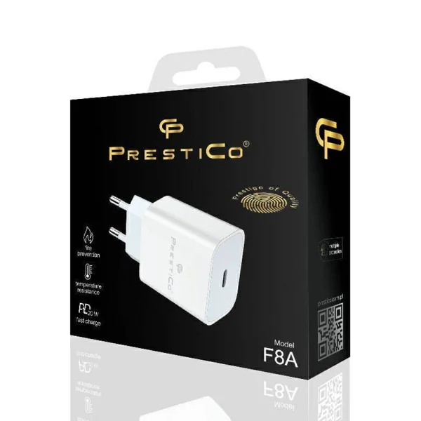 Wall Charger 220V Prestico F8A, USB-C, 20W, PD, White 4