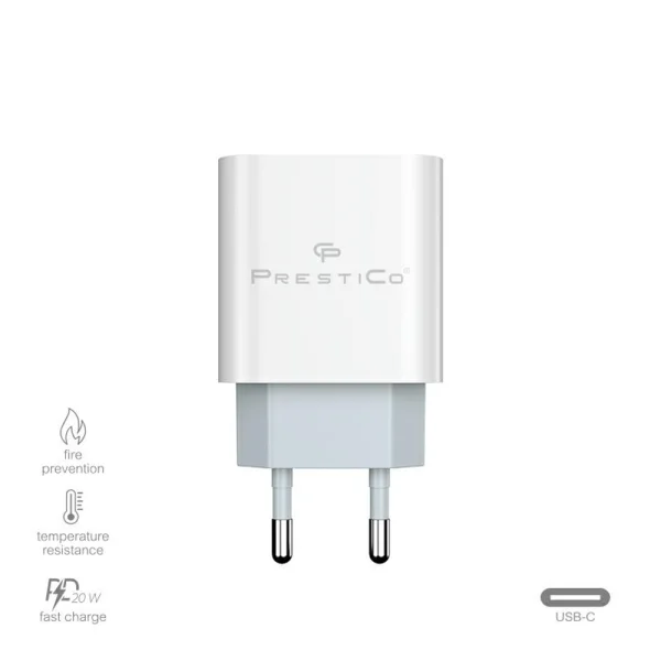 Wall Charger 220V Prestico F8A, USB-C, 20W, PD, White 2