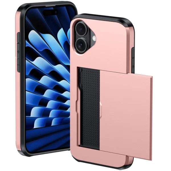 Shockproof Sliding Card Case for iPhone 16, Pink-Gold 2
