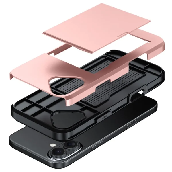 Shockproof Sliding Card Case for iPhone 16, Pink-Gold 4