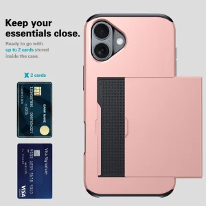 Shockproof Sliding Card Case for iPhone 16, Pink-Gold 3