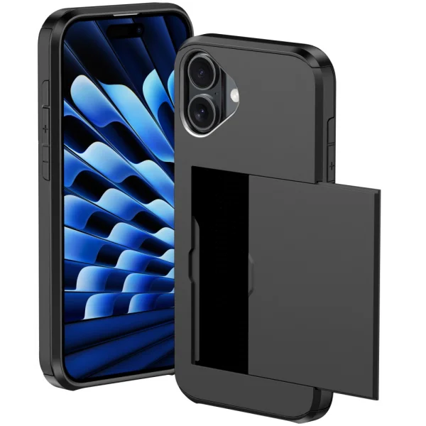 Shockproof Case Sliding Card for iPhone 16, Black 2