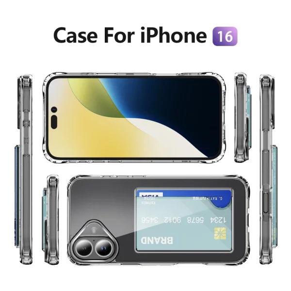 Shockproof Card Holder Case for iPhone 16, Transparent 5