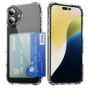 Удароустойчив калъф Card Holder за iPhone 16, Прозрачен