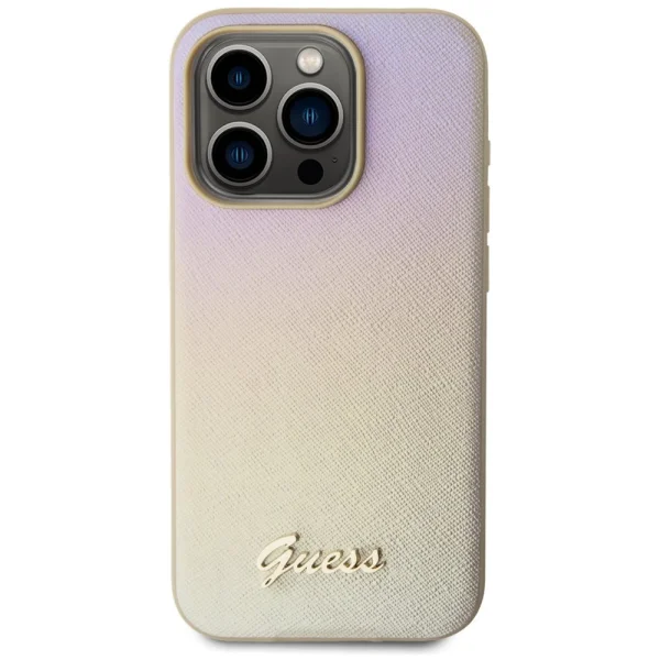 GUESS Case, PU Leather Iridescent Metal Script for iPhone 15 Pro, GUHCP15LPSAIRSD, Gold 2