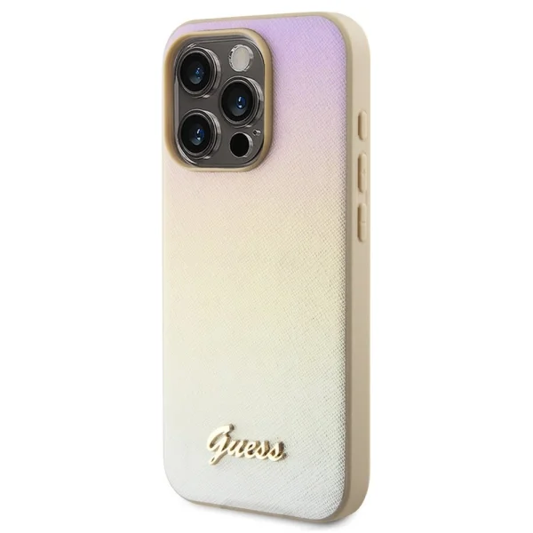 GUESS Case, PU Leather Iridescent Metal Script for iPhone 15 Pro, GUHCP15LPSAIRSD, Gold 4