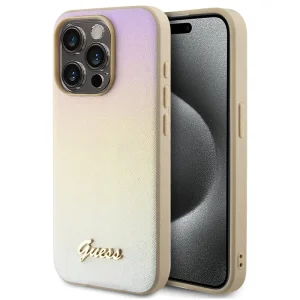 Калъф GUESS, PU Leather Iridescent Metal Script за iPhone 15 Pro, GUHCP15LPSAIRSD, Златист