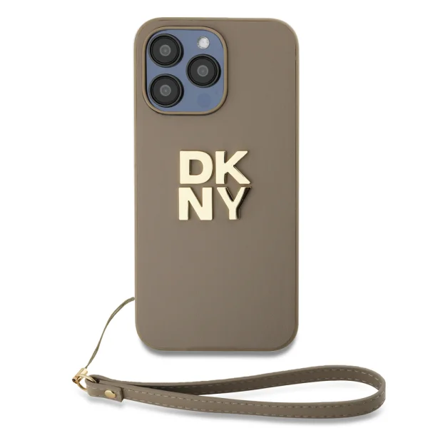 DKNY PU Leather Stack Logo Wrist Strap Case for iPhone15 Pro, DKHCP15LPBSWSE, Beige 1