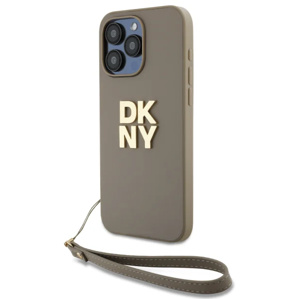 DKNY PU Leather Stack Logo Wrist Strap Case for iPhone15 Pro Max, DKHCP15XPBSWSE, Beige 2