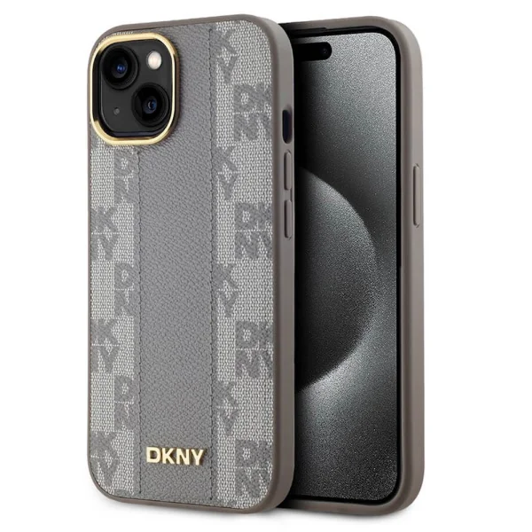 DKNY PU Leather Checkered Pattern MagSafe Case for iPhone 15, DKHMP15SPCPVSLE, Beige 1
