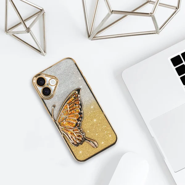 Силиконов калъф Butterfly Water за iPhone 16, Златист 2