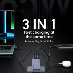 Зарядно устройство UGREEN X755 Nexode Pro 220V 2xUSB-C,1xUSB A, GaN, 65W, с кабел USB-C 3
