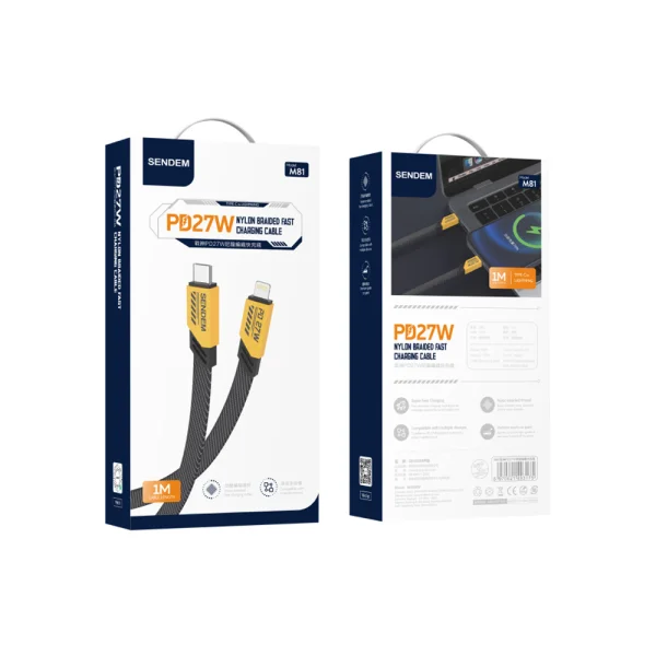 USB cable SENDEM M81, USB-C to Lightning, 27W, PD, 1m, Yellow 4
