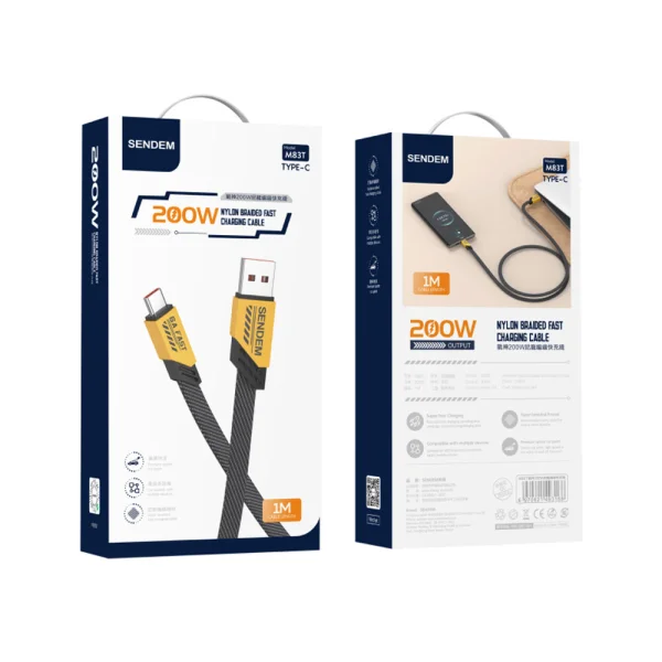 Кабел SENDEM M83T USB-A към USB-C, 200W, 1m, Жълт 4