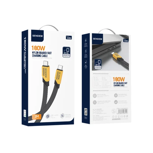 Кабел SENDEM M86, USB-C към USB-C, 100W, 1m, Жълт 3