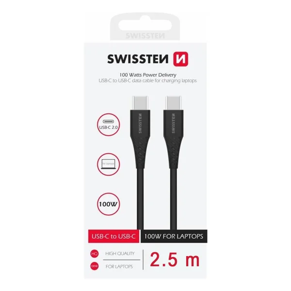 Кабел SWISSTEN USB-C - USB-C, Power Delivery, 5A, 100W, 2.5m, Черен 4