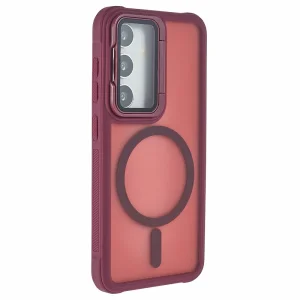 Удароустойчив калъф MagSF Lens Cover Kickstand за Samsung Galaxy S25, Червен