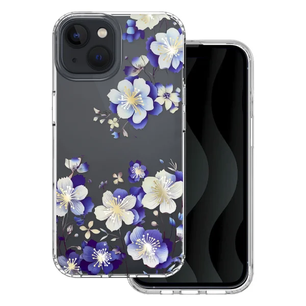 Удароустойчив калъф IMD print за iPhone 13 / iPhone 14, Сини цветя 3
