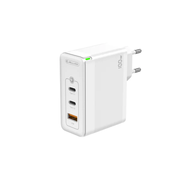 Зарядно JELLICO C118, 220V, GaN, 100W, PD, 2xUSB-C, USB с кабел USB-C към USB-C, Бял 2