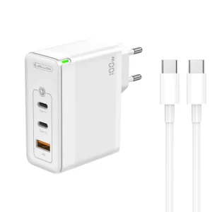 Зарядно JELLICO C118, 220V, GaN, 100W, PD, 2xUSB-C, USB с кабел USB-C към USB-C, Бял