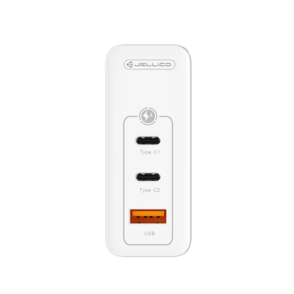 Зарядно JELLICO C118, 220V, GaN, 100W, PD, 2xUSB-C, USB с кабел USB-C към Lighthinig, Бял 4