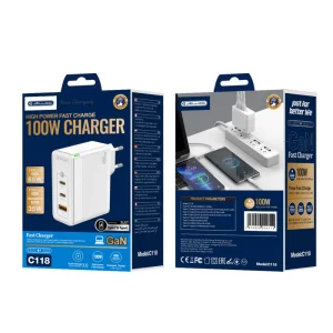 Зарядно JELLICO C118, 220V, GaN, 100W, PD, 2xUSB-C, USB с кабел USB-C към Lighthinig, Бял 5