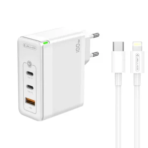 Зарядно JELLICO C118, 220V, GaN, 100W, PD, 2xUSB-C, USB с кабел USB-C към Lighthinig, Бял