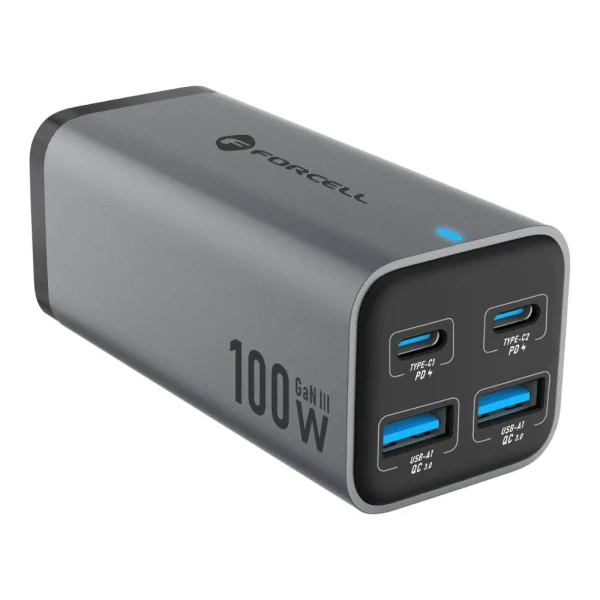 Зарядно FORCELL F-ENERGY VT-49, 100W, GaN III, 2 x USB-C, 2 x USB-A, PD, QC4.0, SFC2.0, 5A, Сив 4