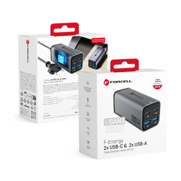 Зарядно FORCELL F-ENERGY VT-49, 100W, GaN III, 2 x USB-C, 2 x USB-A, PD, QC4.0, SFC2.0, 5A, Сив 5