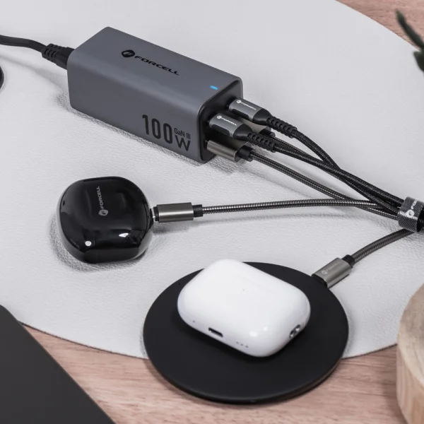 Зарядно FORCELL F-ENERGY VT-49, 100W, GaN III, 2 x USB-C, 2 x USB-A, PD, QC4.0, SFC2.0, 5A, Сив 2