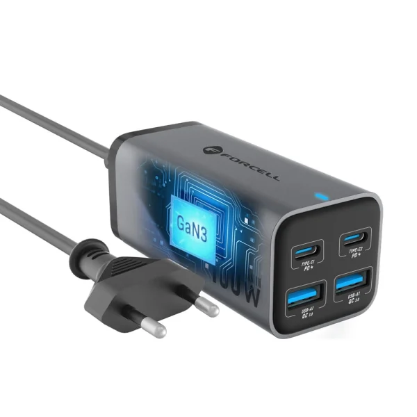 Зарядно FORCELL F-ENERGY VT-49, 100W, GaN III, 2 x USB-C, 2 x USB-A, PD, QC4.0, SFC2.0, 5A, Сив 1