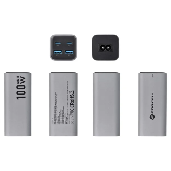 Зарядно FORCELL F-ENERGY VT-49, 100W, GaN III, 2 x USB-C, 2 x USB-A, PD, QC4.0, SFC2.0, 5A, Сив 3
