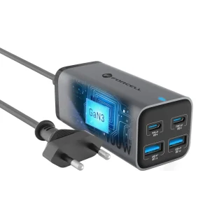 Зарядно FORCELL F-ENERGY VT-49, 100W, GaN III, 2 x USB-C, 2 x USB-A, PD, QC4.0, SFC2.0, 5A, Сив