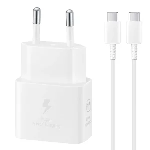 Зарядно Samsung, USB-C, 25W, EP-T2510XWEGEU, Super Fast, с кабел Type-C към Type-C, Бял
