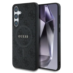 GUESS Case, PU Leather Colored Ring MagSafe for Samsung Galaxy S25, GUHMS25SG4GFRK, Black
